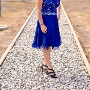 Stunning Blue Strapless Gown with Beaded Details